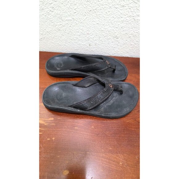 Olukai Black Leather Men's Thong Flip Flop Sandals Rubber Outsole Size 9M - Picture 3 of 8